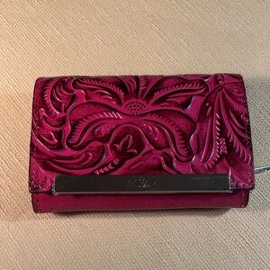 Patricia Nash Cametti Trifold Wallet in Magenta Tooled Leather